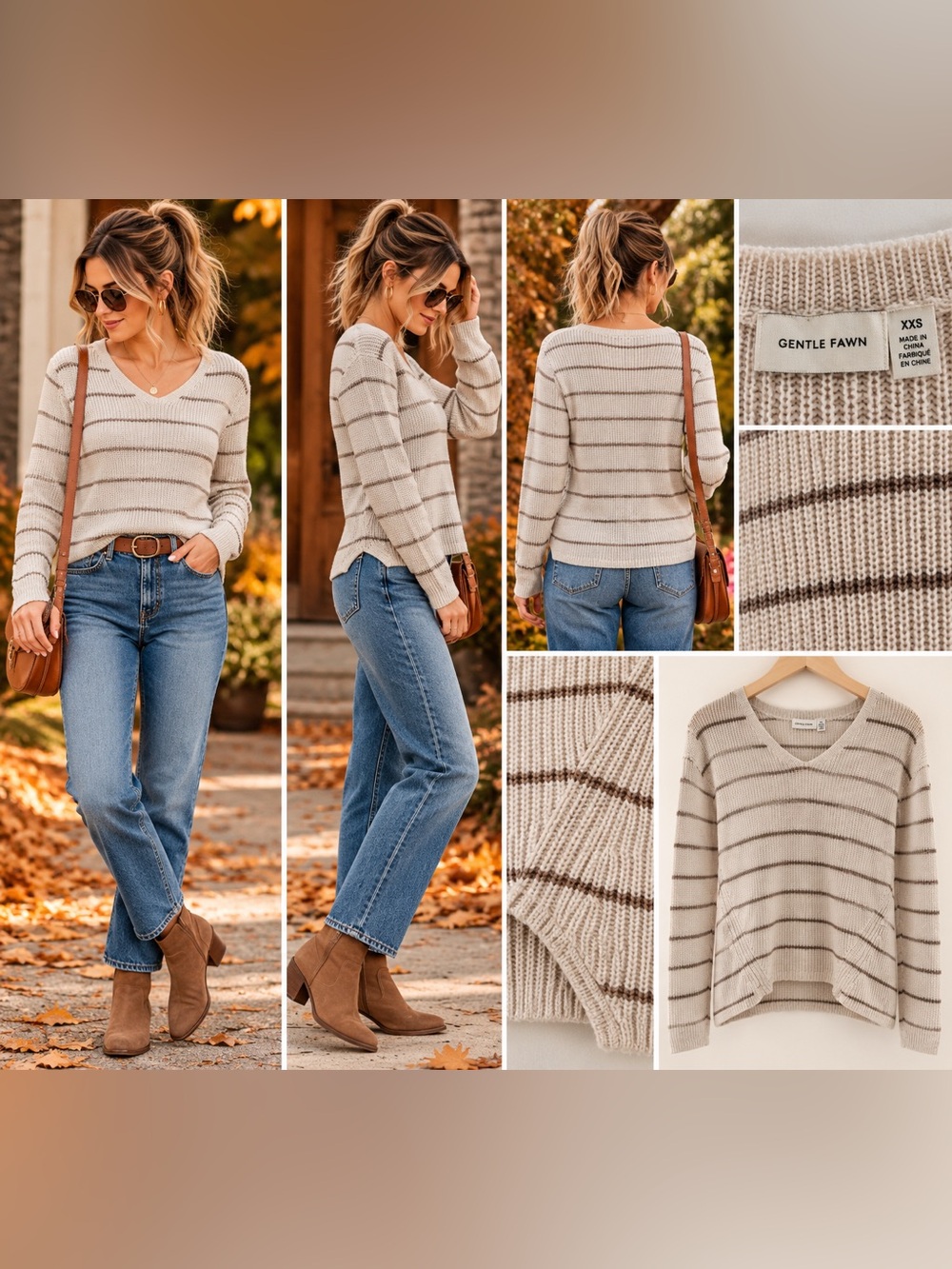 Gentle Fawn Cream and Brown Striped V‑Neck Sweater